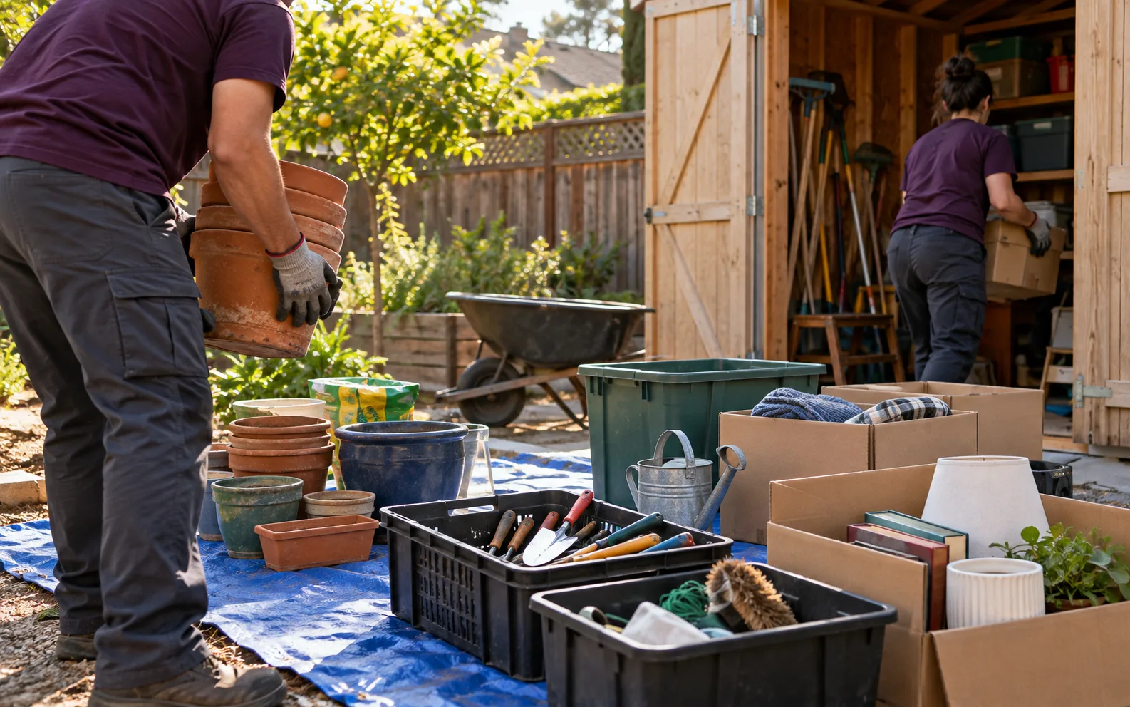 Workers sorting garden tools and stored items during a shed cleanout